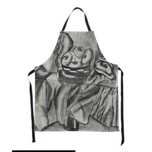 Monochrome Charcoal Art Apron – Rustic Still Life with Pitchers & Apples